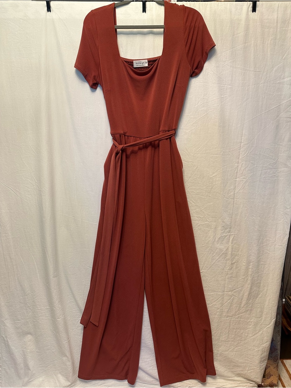 Kaileigh Rust Wide Leg Jumpsuit M Tie Waist Smocked Back Pockets